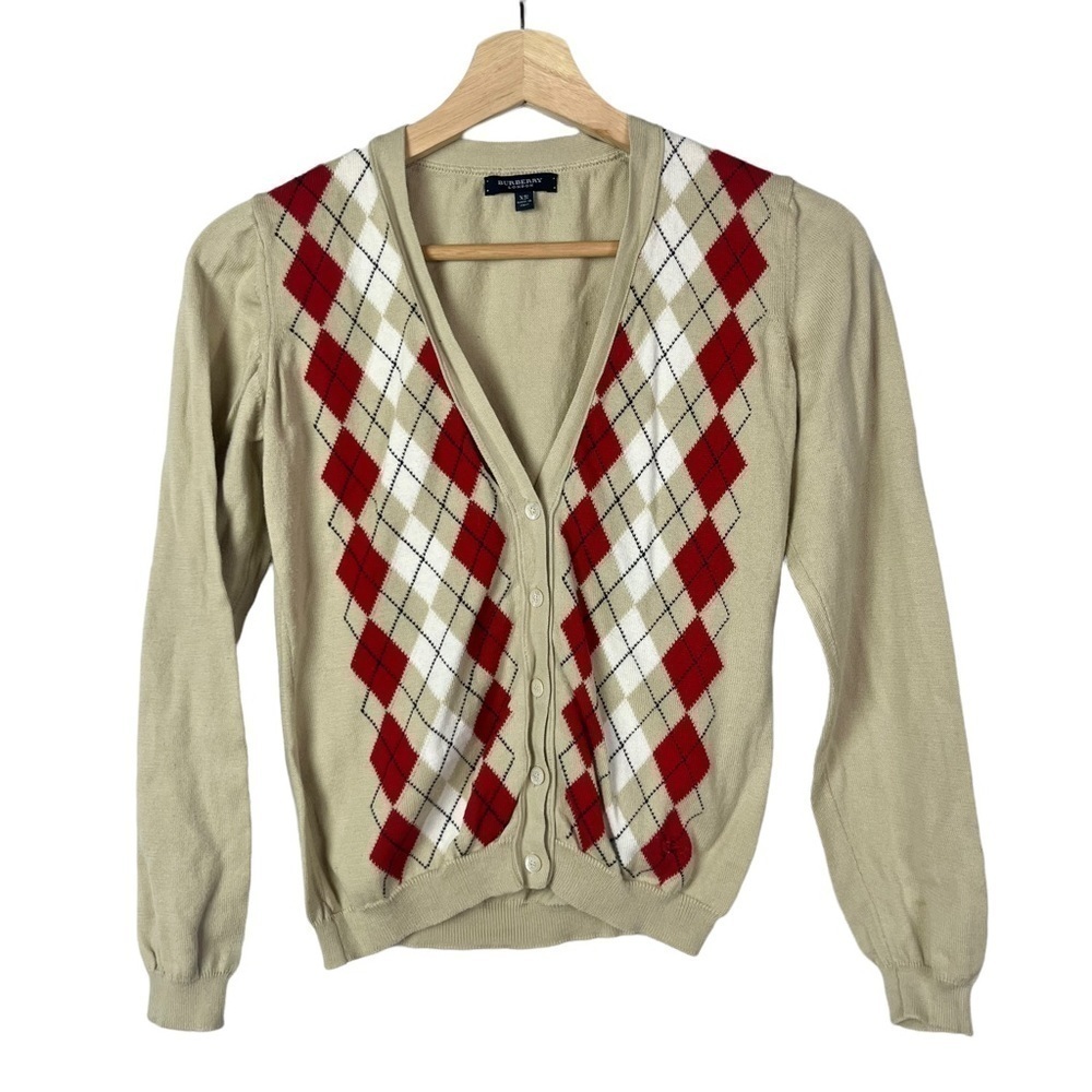 Burberry Light Brown Red & White‎ Argyle Knit Cardigan Sweater XS